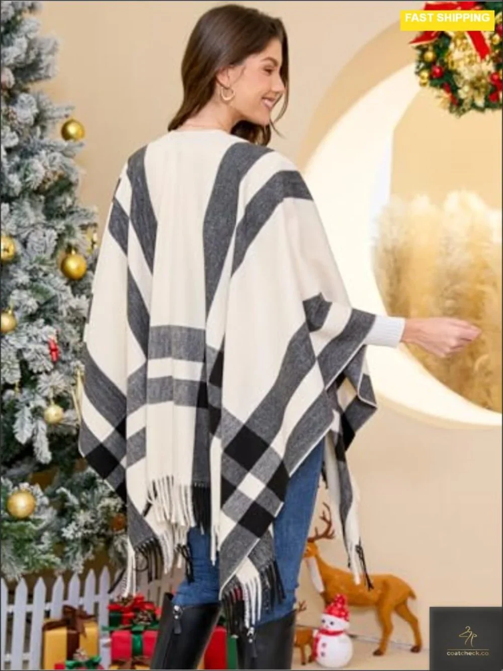 Plaid Poncho Cape Shawl Wrap Women Travel Winter Warm Wool Blend